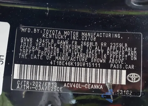 2009 Toyota Camry Le z USA, uszkodzony, nr VIN 4T1BE46K19U815111